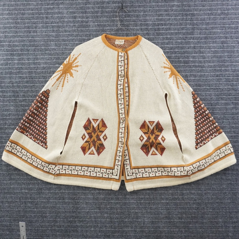 Vintage 70s Sturbridge Knit Cape Cream Southwestern Graphic Boho Button Front